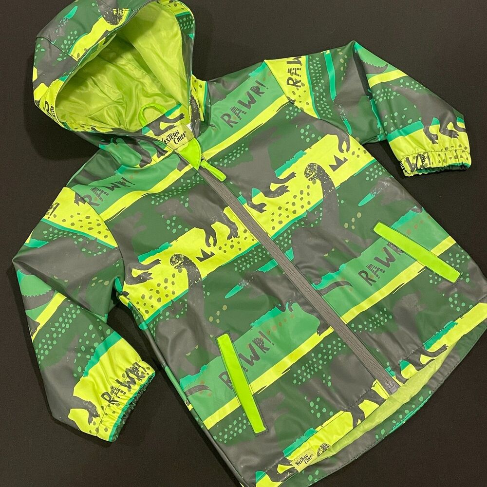~ Western Chief 3yr Raincoat Dinosaurs Roar Dinos Green Black Rain Jacket Boy's